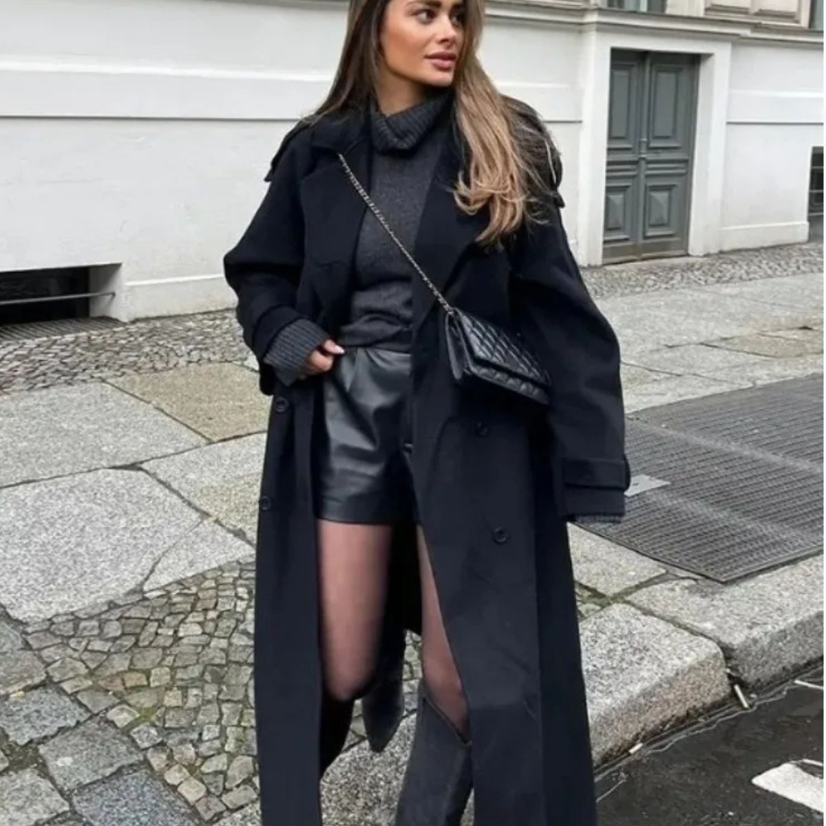 Long Wool Blend Trench Coat – Double Breasted Winter Overcoat with Belt