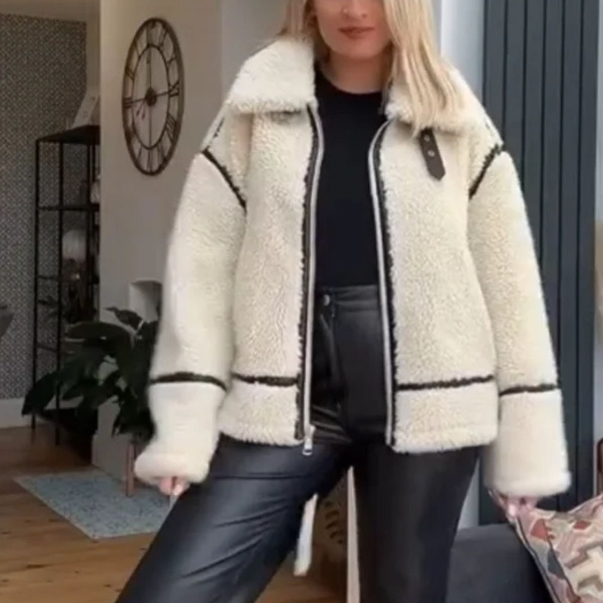 Street Luxe Teddy Jacket – White Sherpa with Contrast Trim