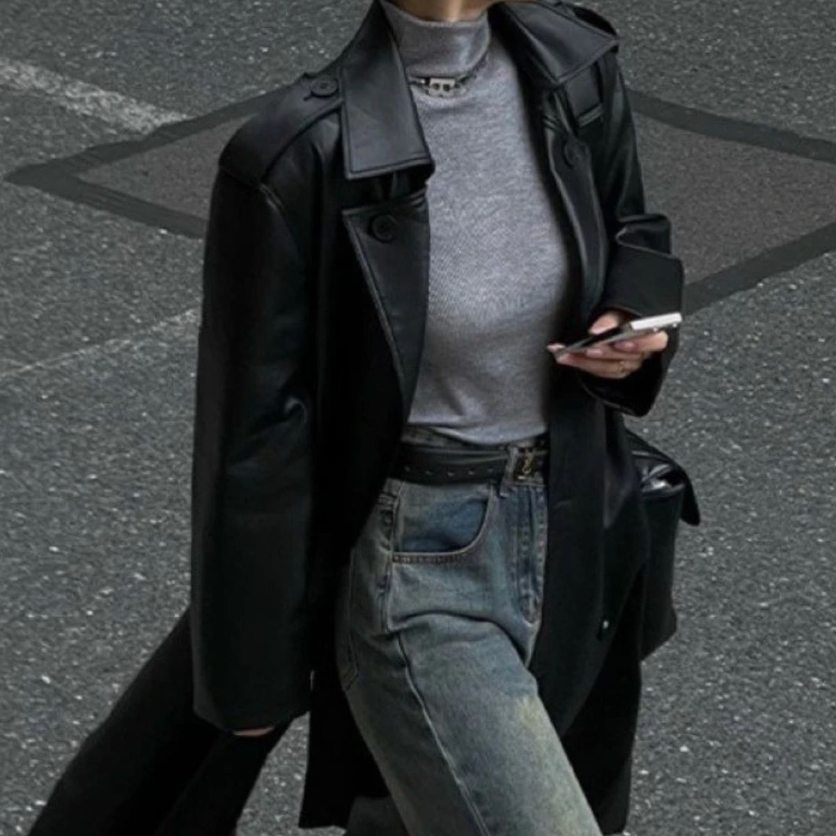 Faux Leather Trench Coat – Double Breasted Long Jacket