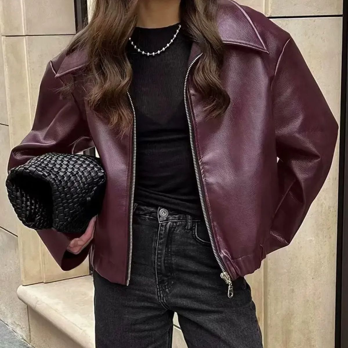 Oversized Leather Jacket – Zip-Up Bomber Style