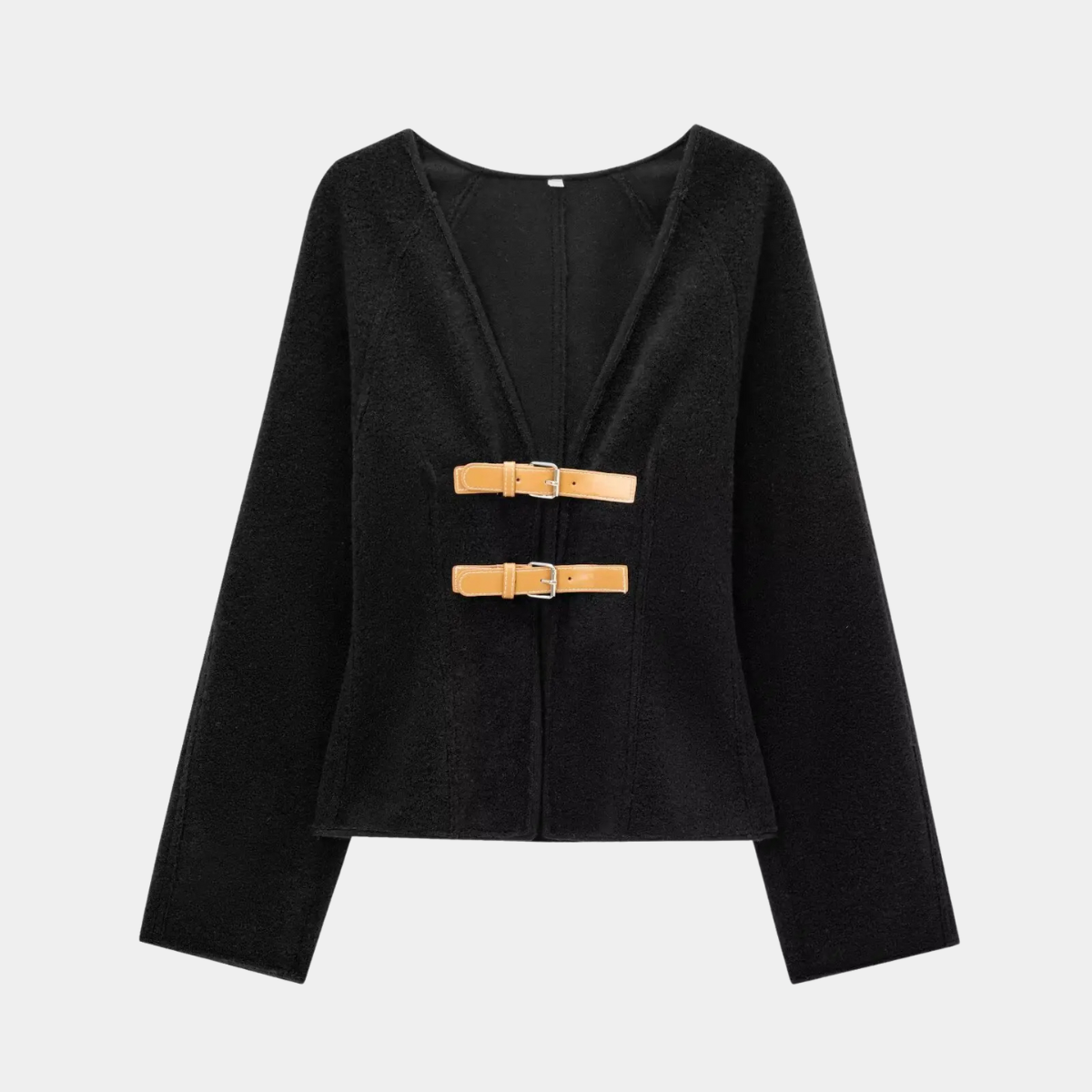 Wool Blend Cardigan – White Buckle Front Knit Jacket