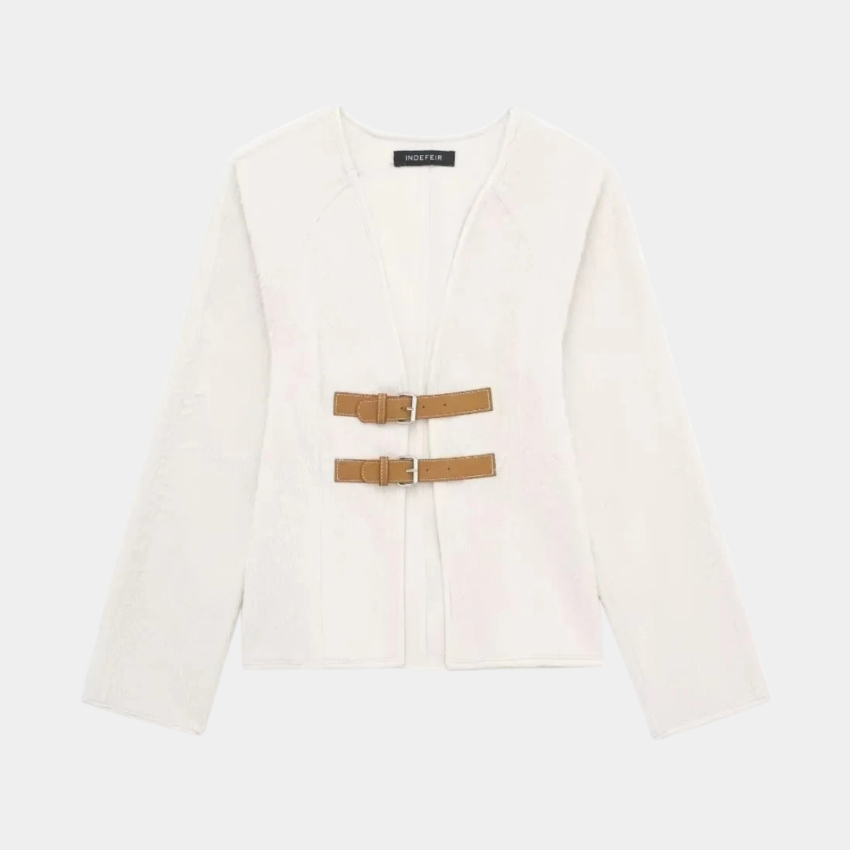 Wool Blend Cardigan – White Buckle Front Knit Jacket