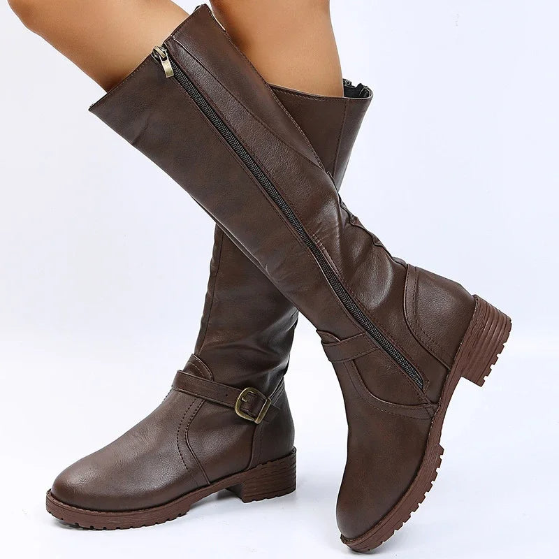 Elegant  Knee High Boots – Flat Riding Boots with Buckle Detail