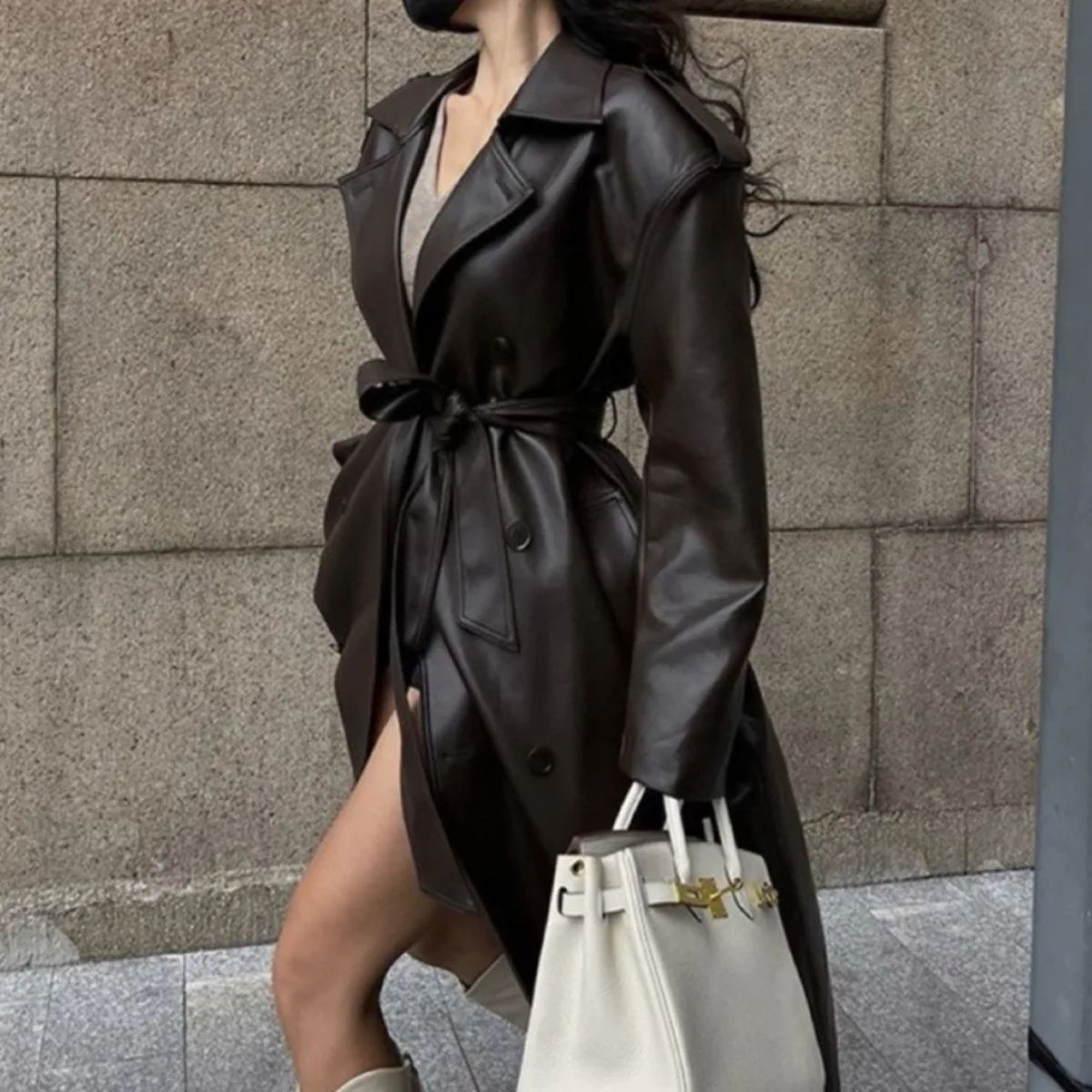 Faux Leather Trench Coat – Double Breasted Long Jacket