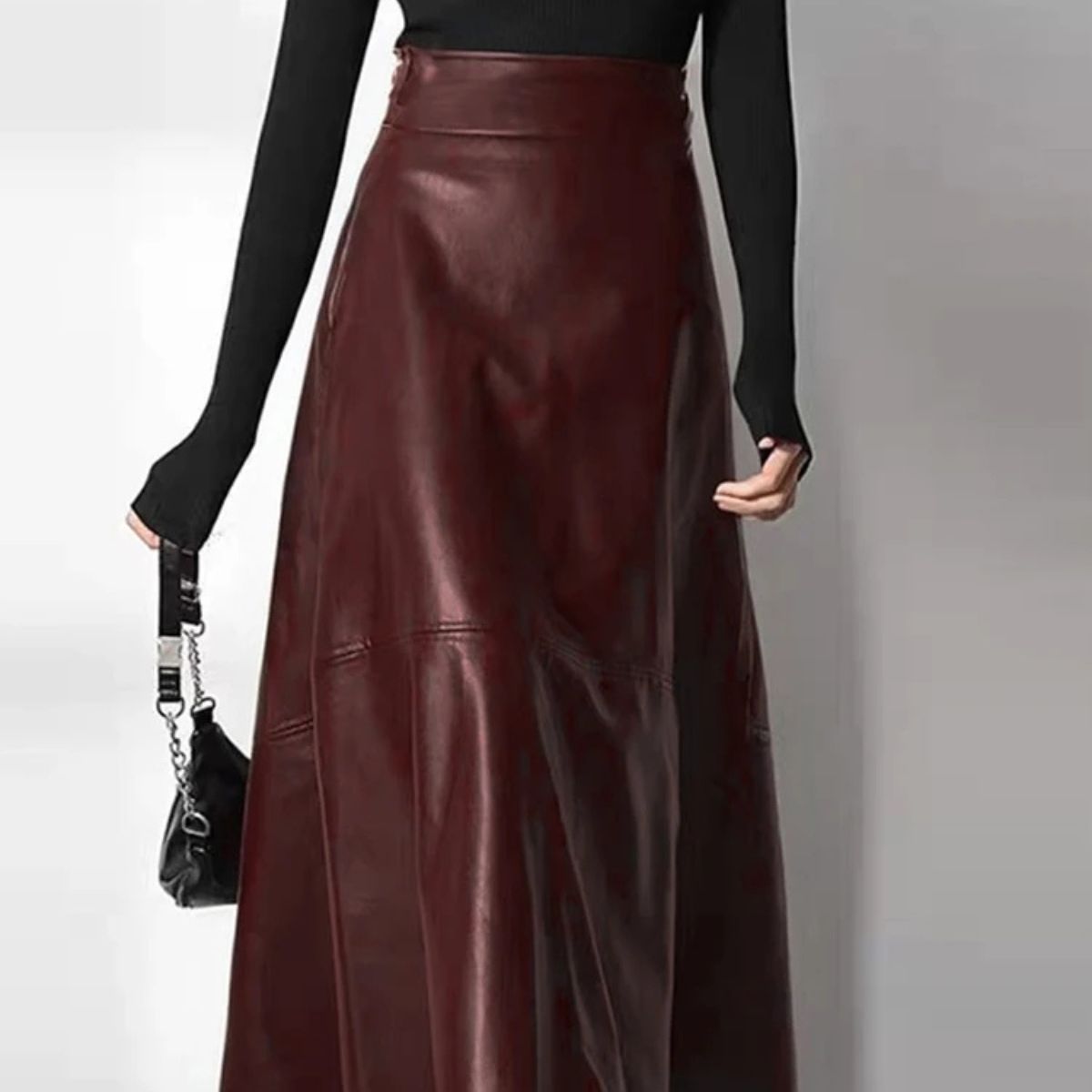 High Waist Leather Maxi Skirt – A-Line Flared Skirt