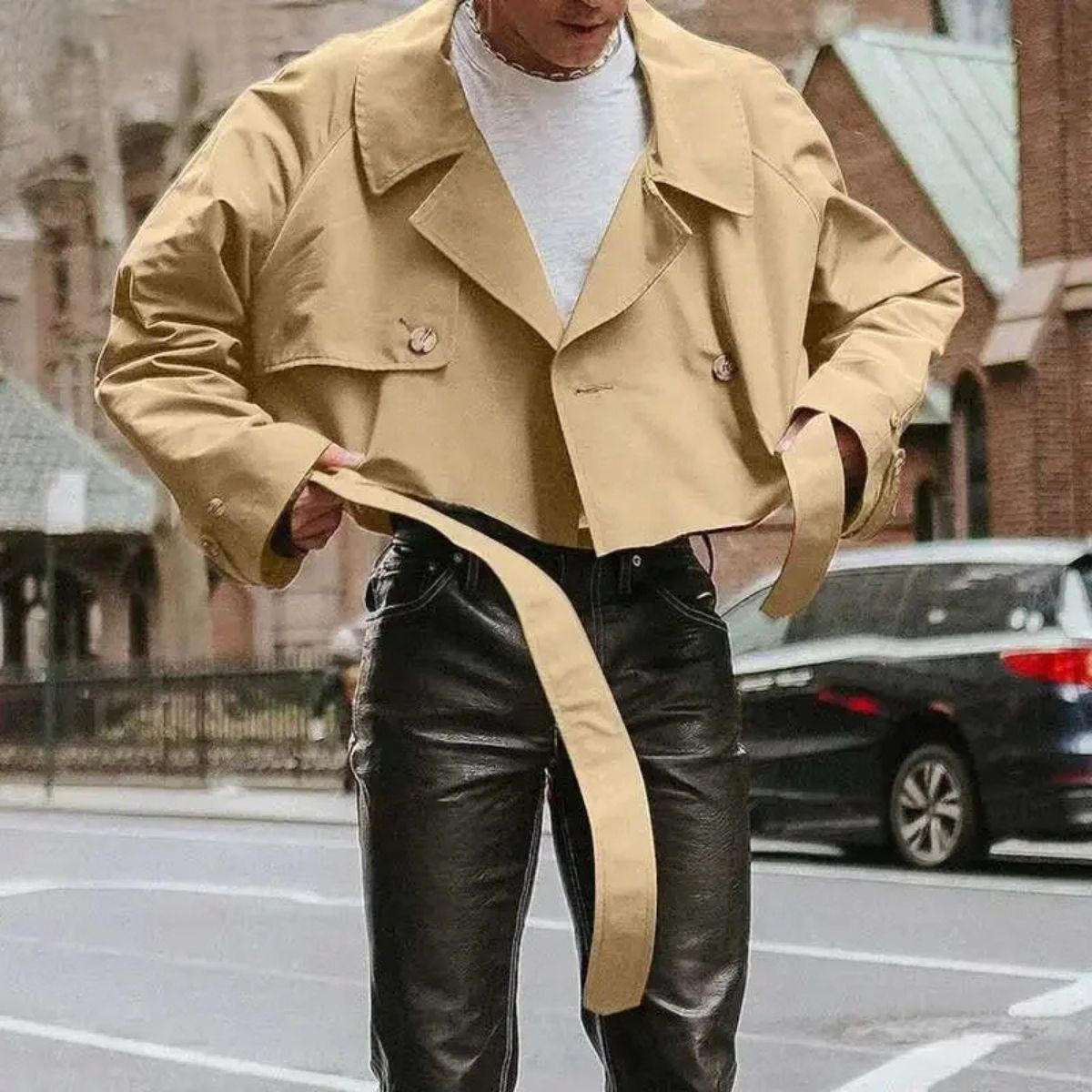 Cropped Trench Coat – Casual Streetwear Belted Coat for Men