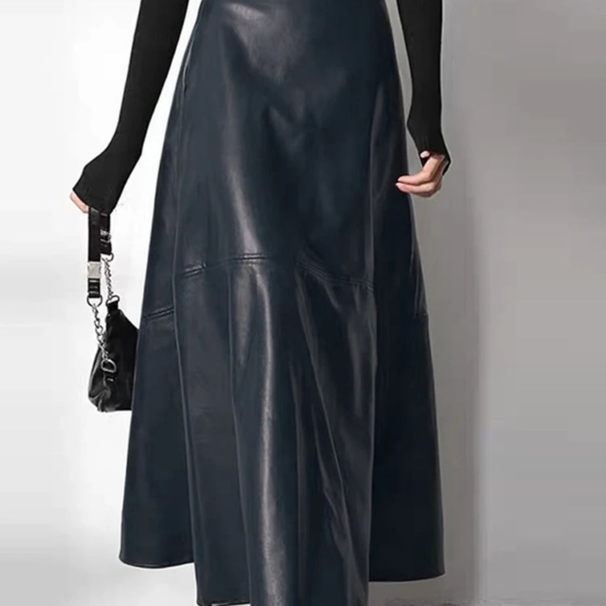 High Waist Leather Maxi Skirt – A-Line Flared Skirt