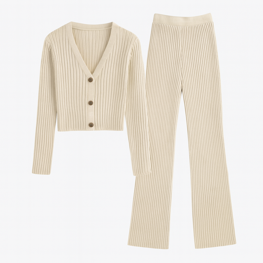 Ribbed Knitted Co Ord for Women – Top & Wide Leg Pants
