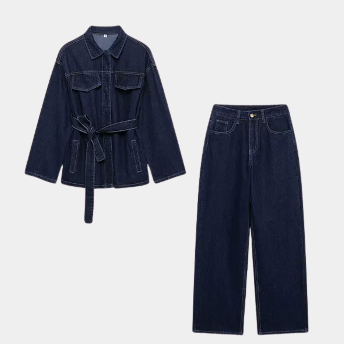 Denim Co ord Set – Belted Denim Jacket and Wide Leg Jeans
