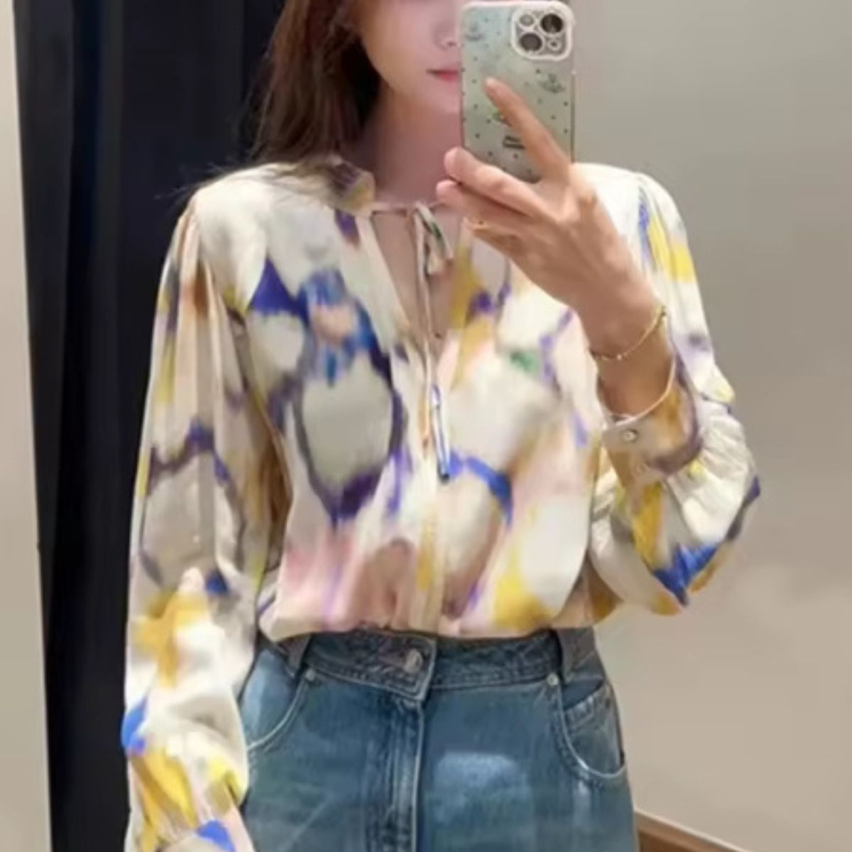 Casual Satin Look Blouse - Lace Up Watercolour Print