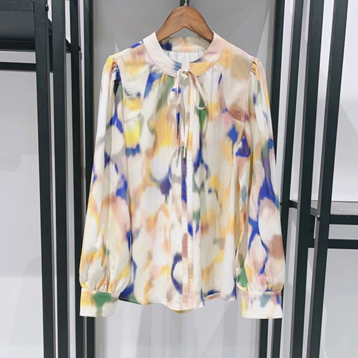 Casual Satin Look Blouse - Lace Up Watercolour Print