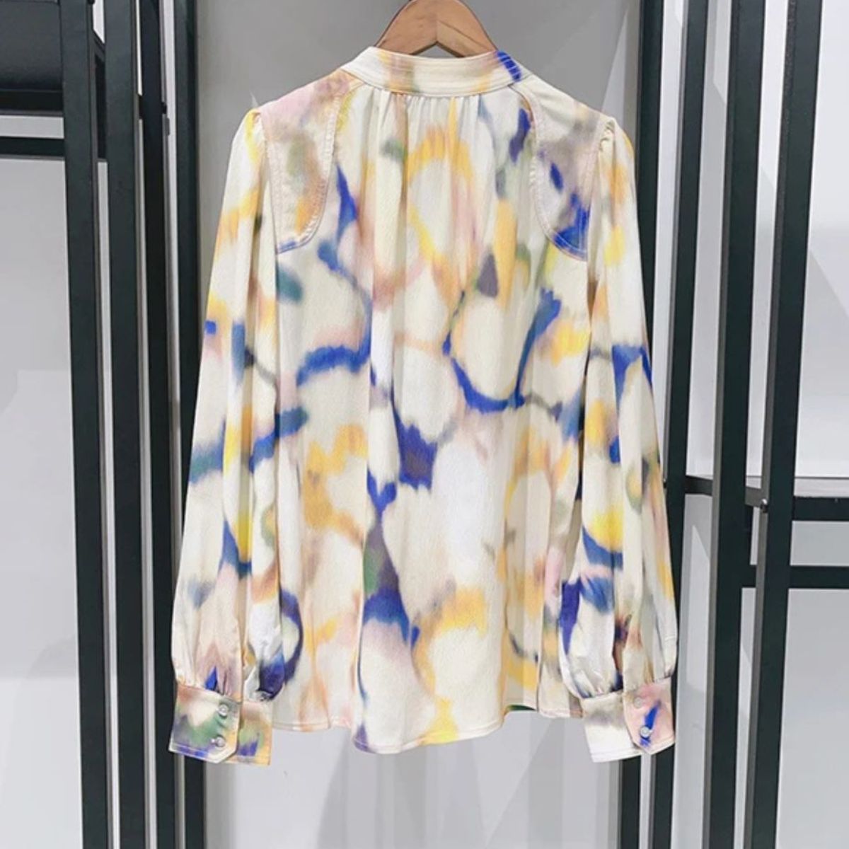 Casual Satin Look Blouse - Lace Up Watercolour Print
