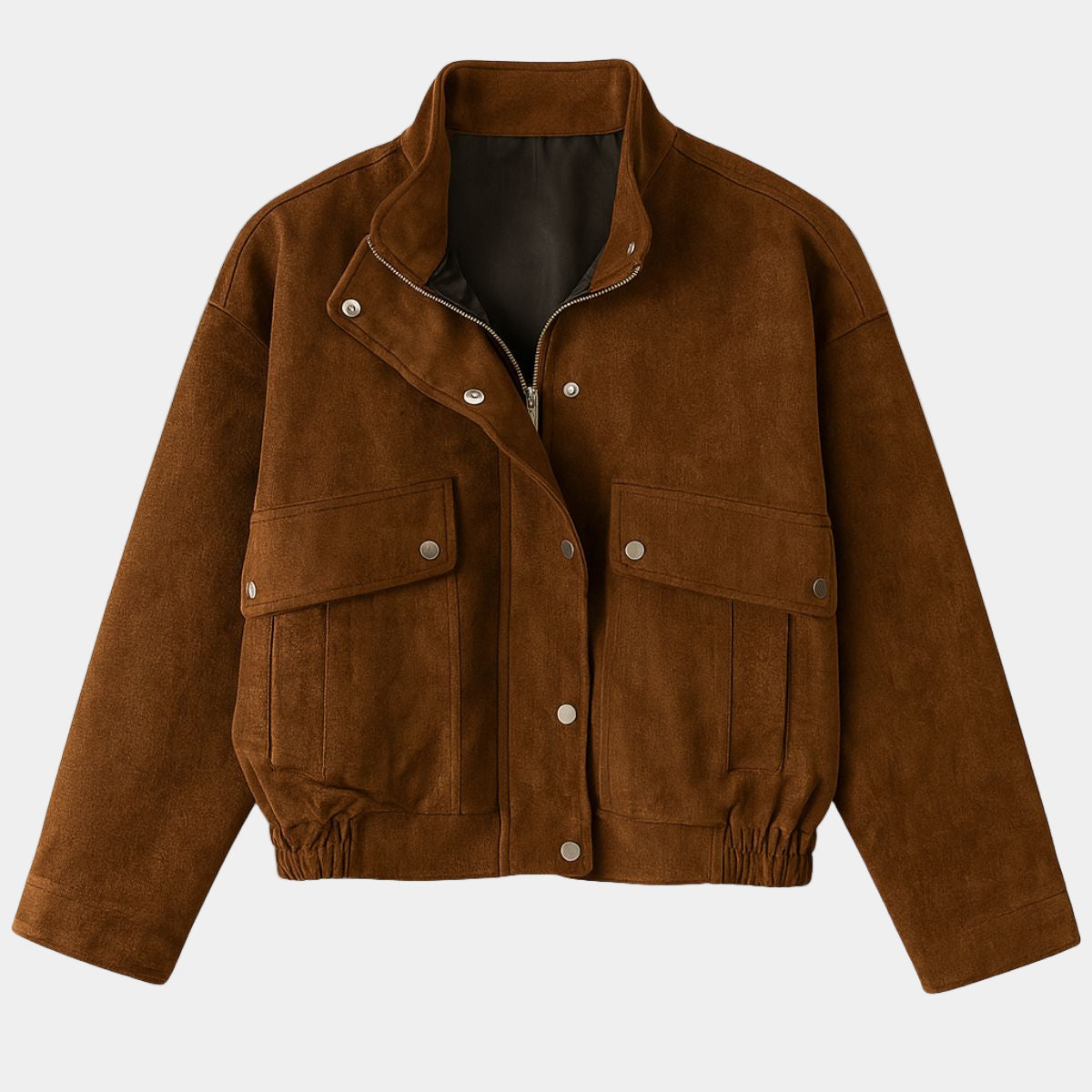 Suede Jacket with Pockets and Zipper and Button Closure