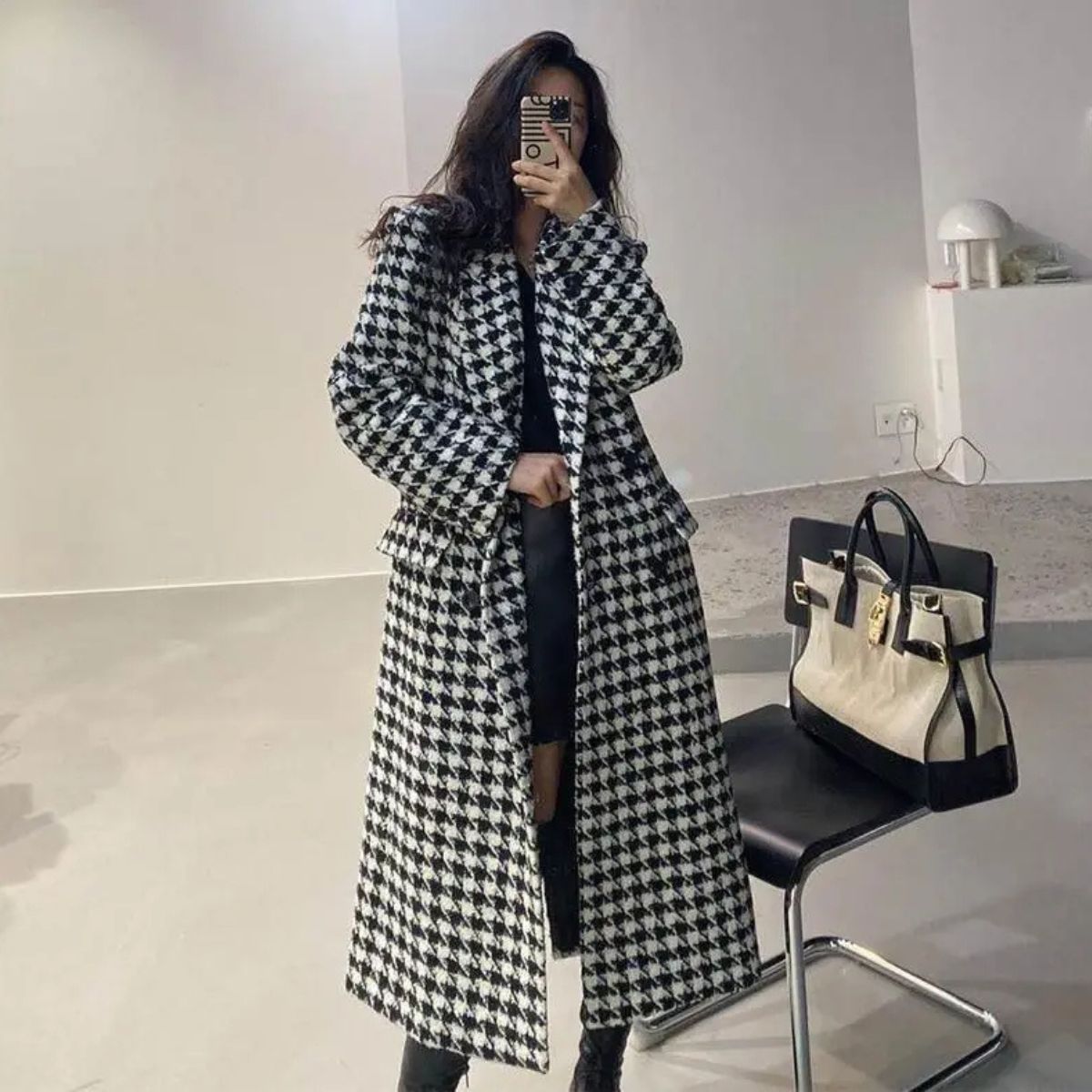 Checkered Winter Coat – Elegant Long Coat