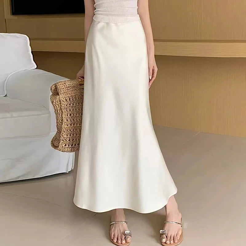 Ivory Satin High Waist Skirt