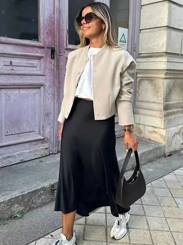 Ivory Satin High Waist Skirt