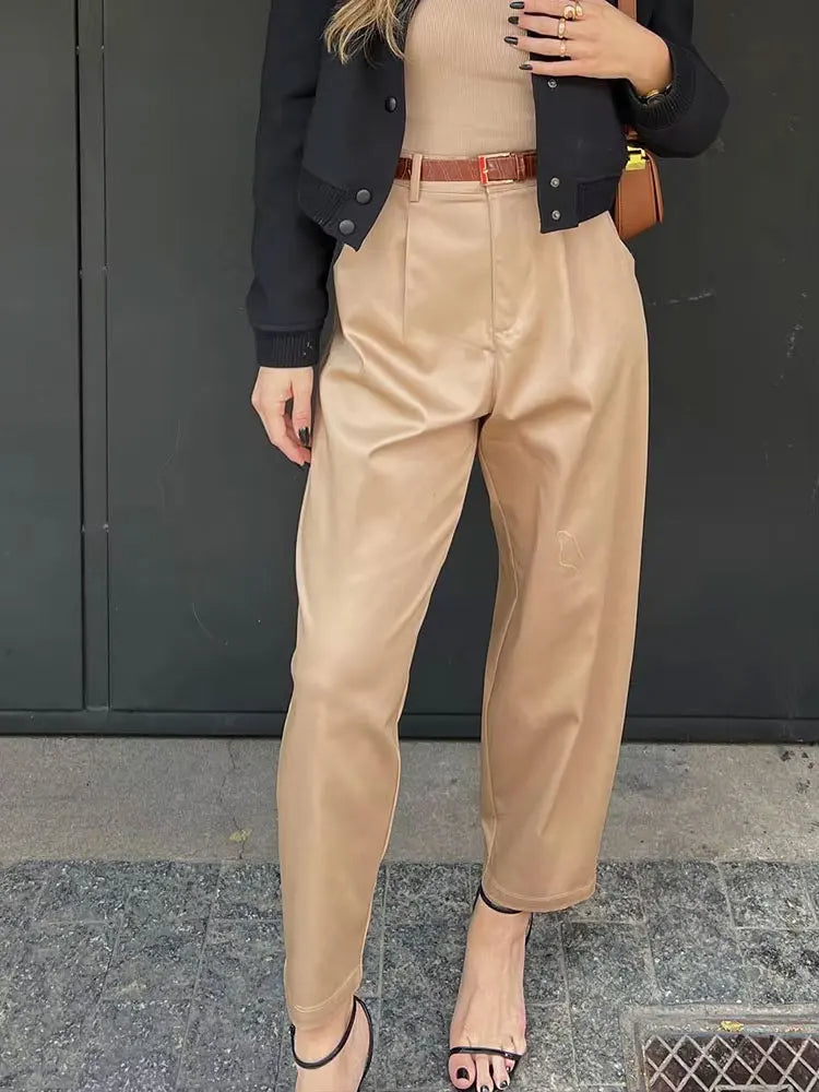 High Waist Tapered Trousers – Belted Pants with Side Pockets