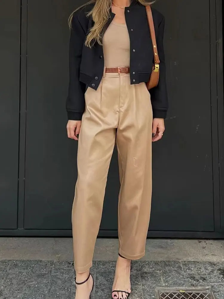 High Waist Tapered Trousers – Belted Pants with Side Pockets