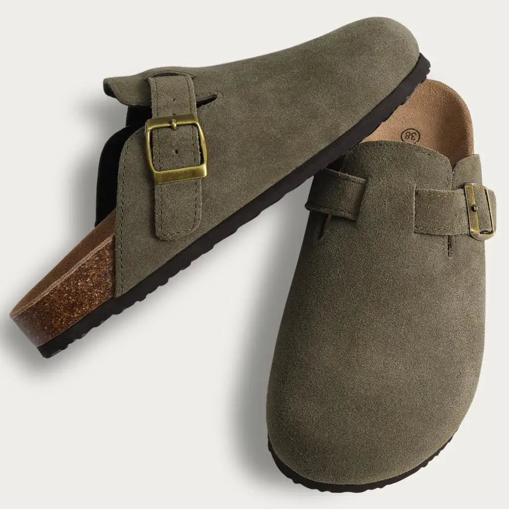 Suede Clog Slippers for Women – Slip-On Mules with Buckle