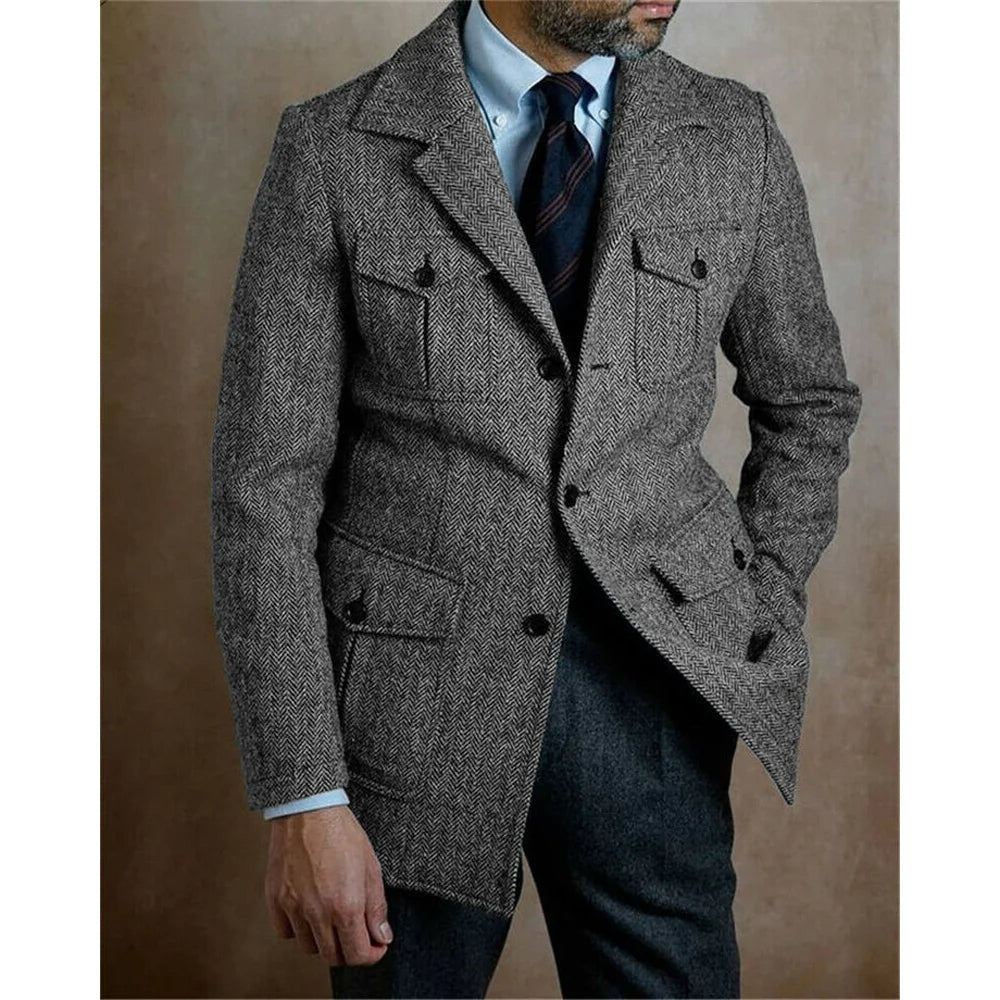 Tweed Men's Blazer – Vintage Wool Jacket with Pockets